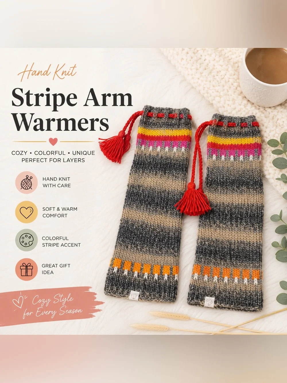 Handmade Knit Fingerless Arm Warmers Boho Tassel Gray Striped NWOT Cozy Winter